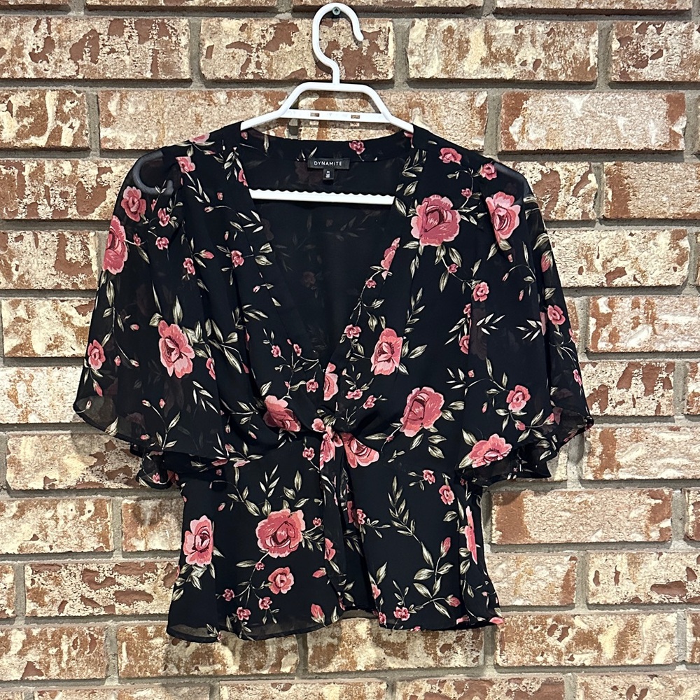 Dynamite Black and Pink Floral Blouse